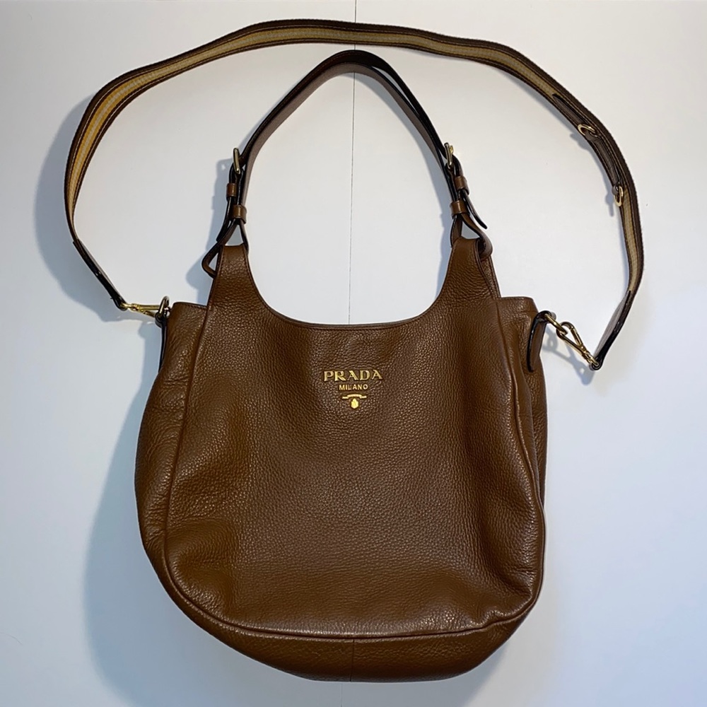 Prada Brown Pebbled Leather Shoulder Bag with Adjustable Strap